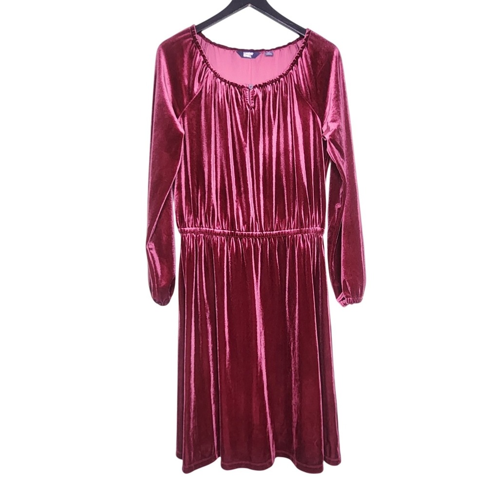 Lands End Velour Long Sleeve Dress Mauve Stretchy Waist Whimsigoth Prep M 10/12